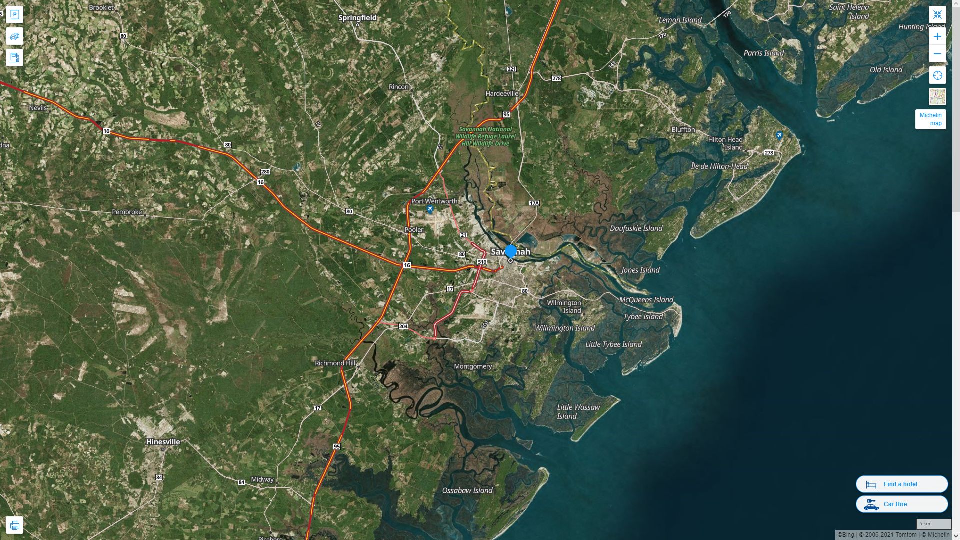 Savannah Georgia Highway and Road Map with Satellite View